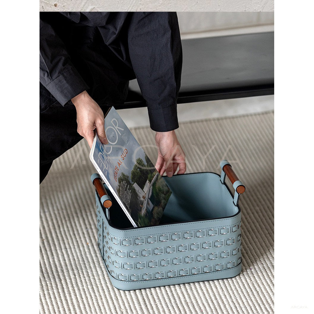 Handwoven Leather Wardrobe Basket Wood Handles