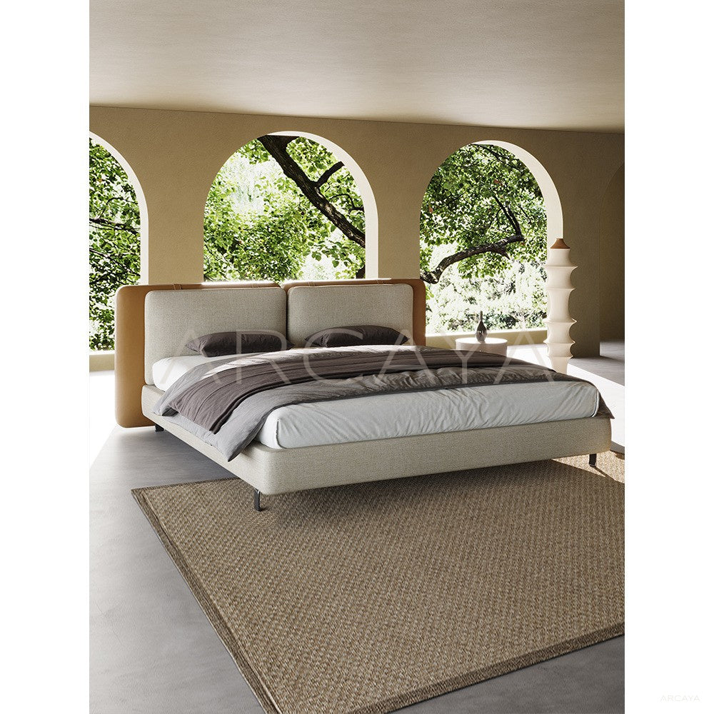Saddle Leather Linen Wide Headboard Bed - scene