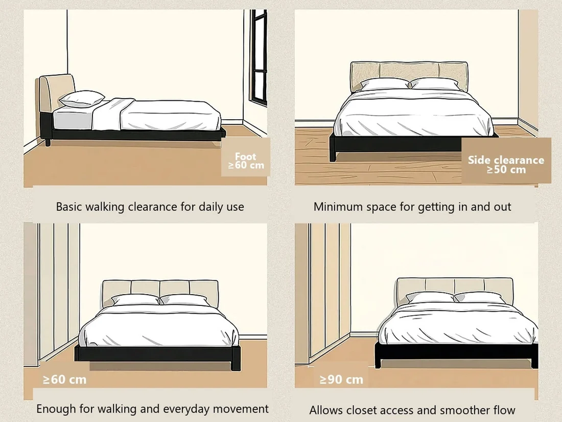 Bed placement guide showing clearance measurements around a bed