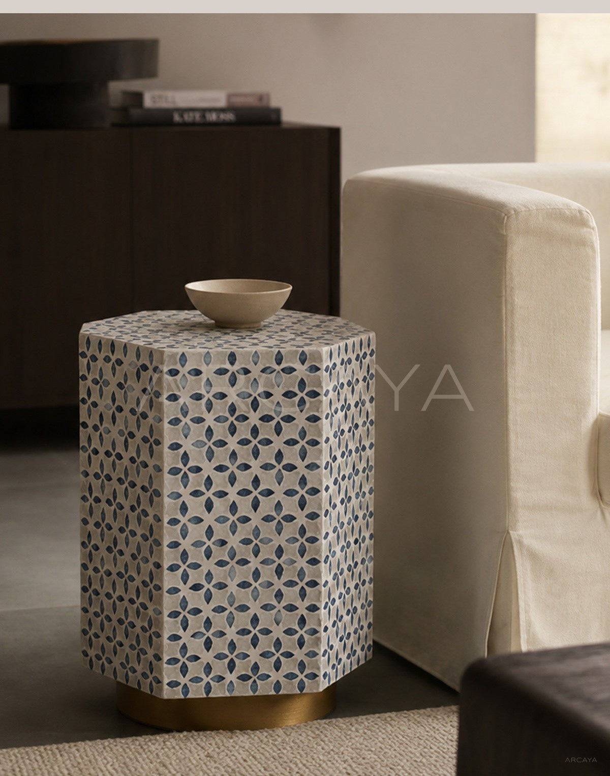 Natural Shell Inlay Hexagonal Side Table - scene