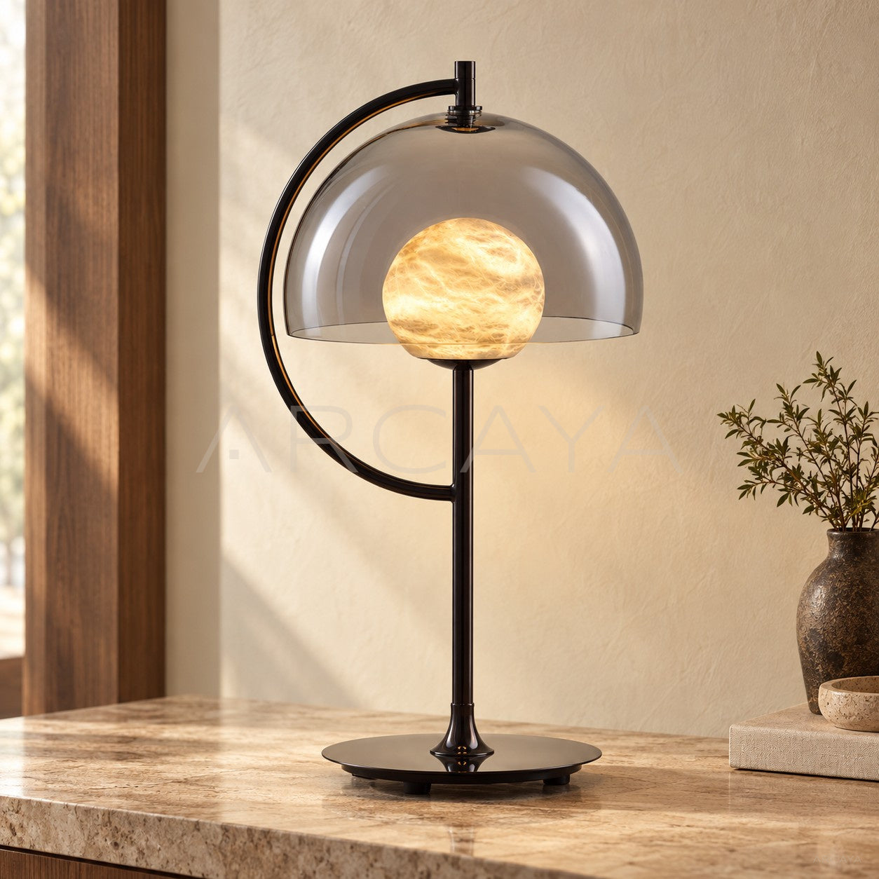 Stone Globe Smoked Half Shade Table Lamp 95171