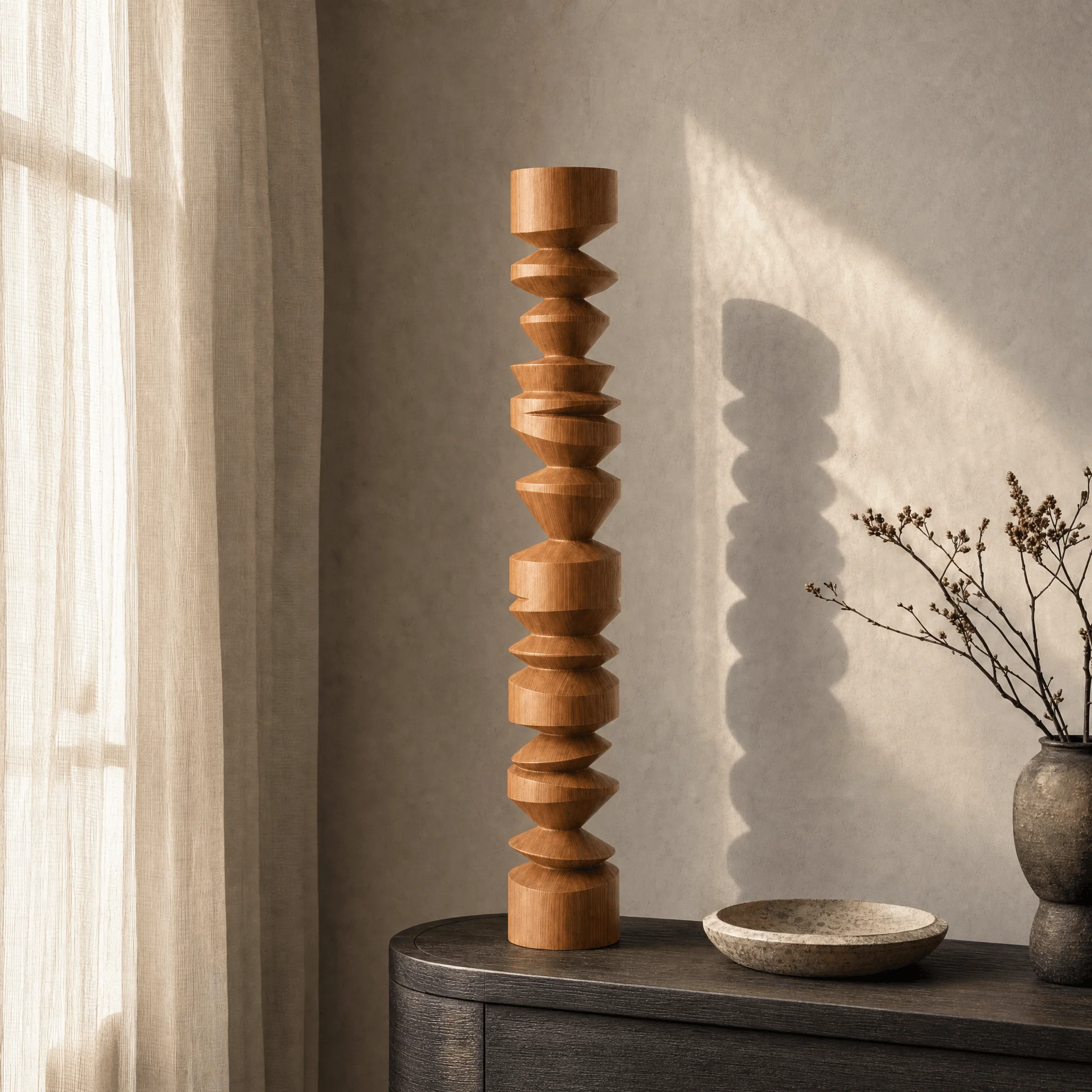 Geometric Wood Totem in a finished interior.