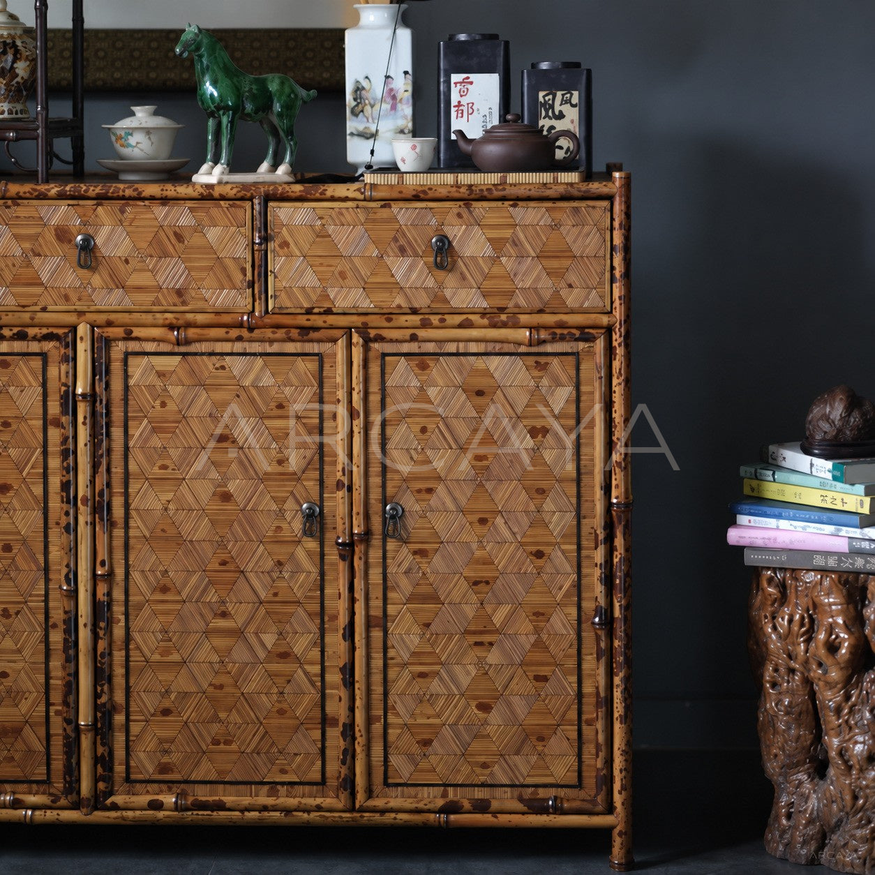 Four Door Triangle Marquetry Bamboo Sideboard