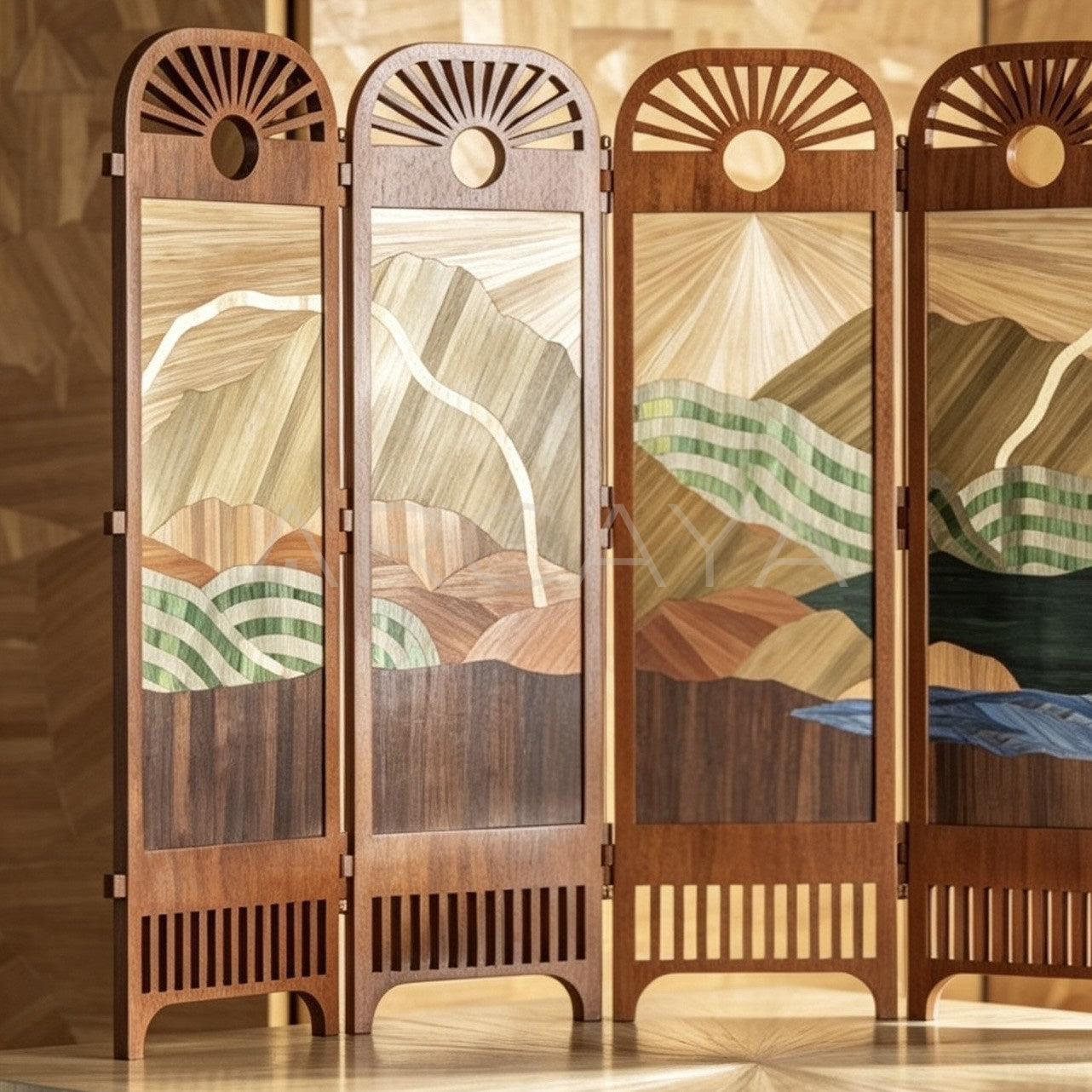 Mountain Landscape Veneer Marquetry Screen - scene
