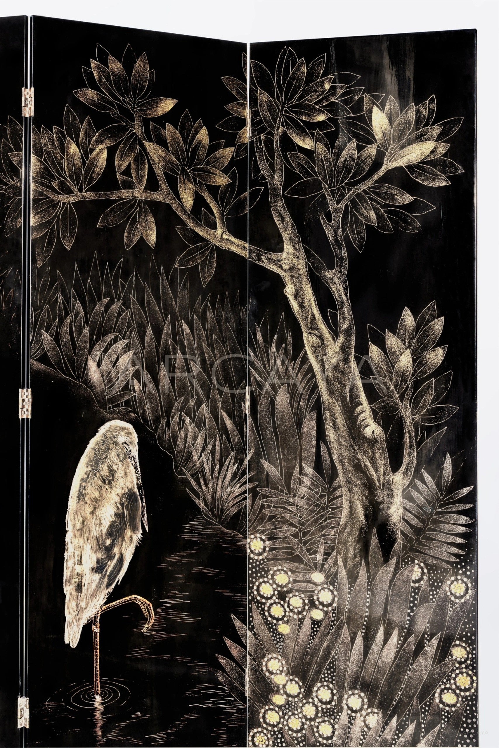 Lacquer Craft Contemporary Oriental Folding Screen - scene