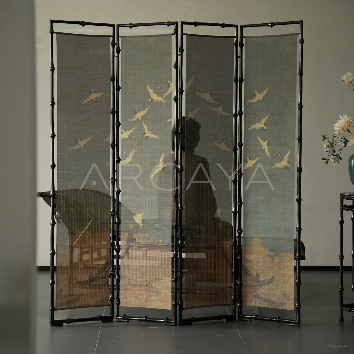 Flying Crane Landscape Four Panel Screen