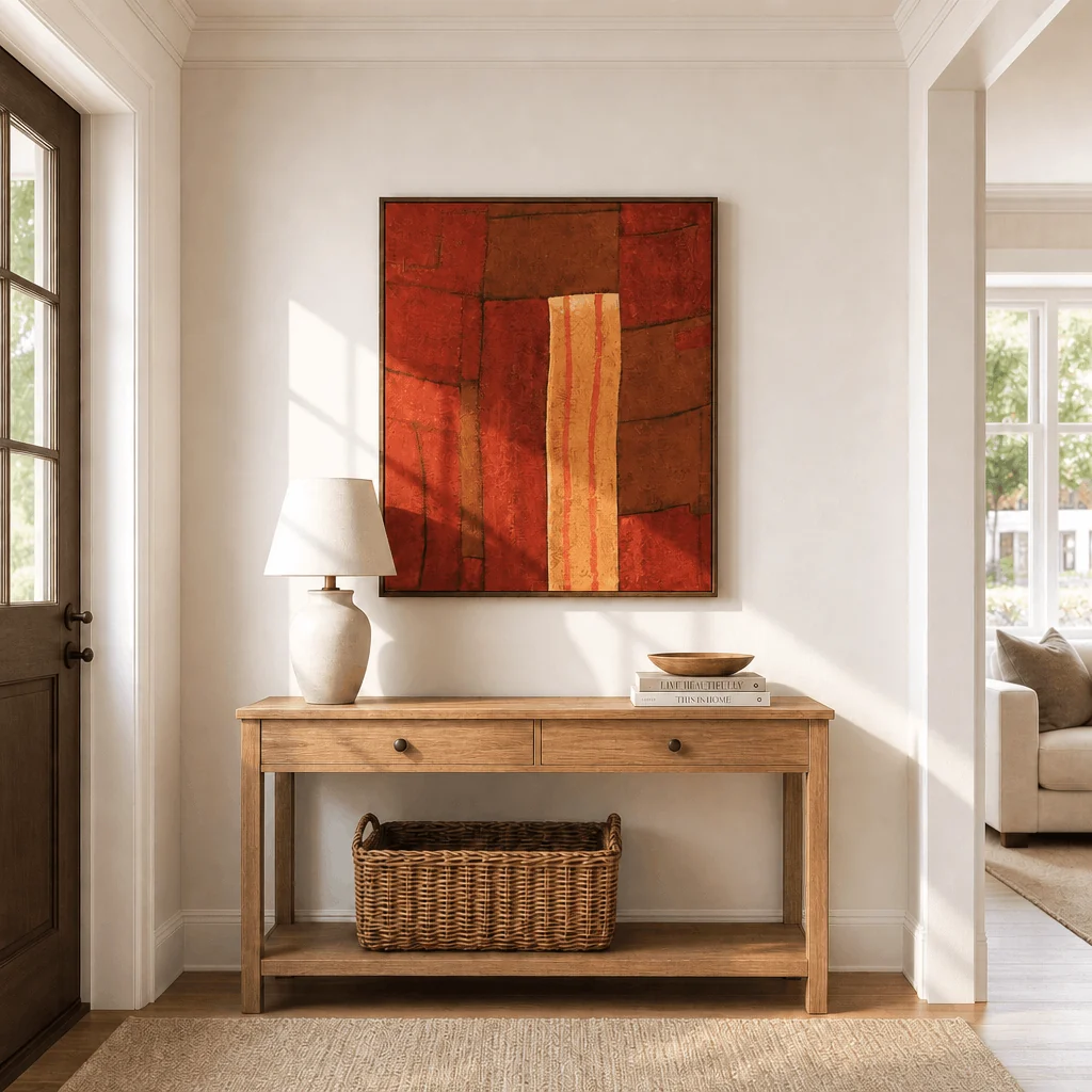 Crimson Passage Wall Art in a finished interior.
