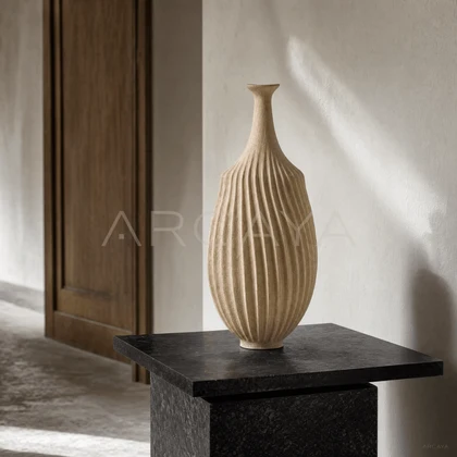 Beige Fluted Ceramic Vase — styled interior view 2