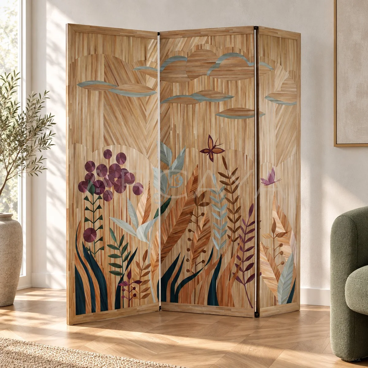 Veneer Marquetry Folding Screen