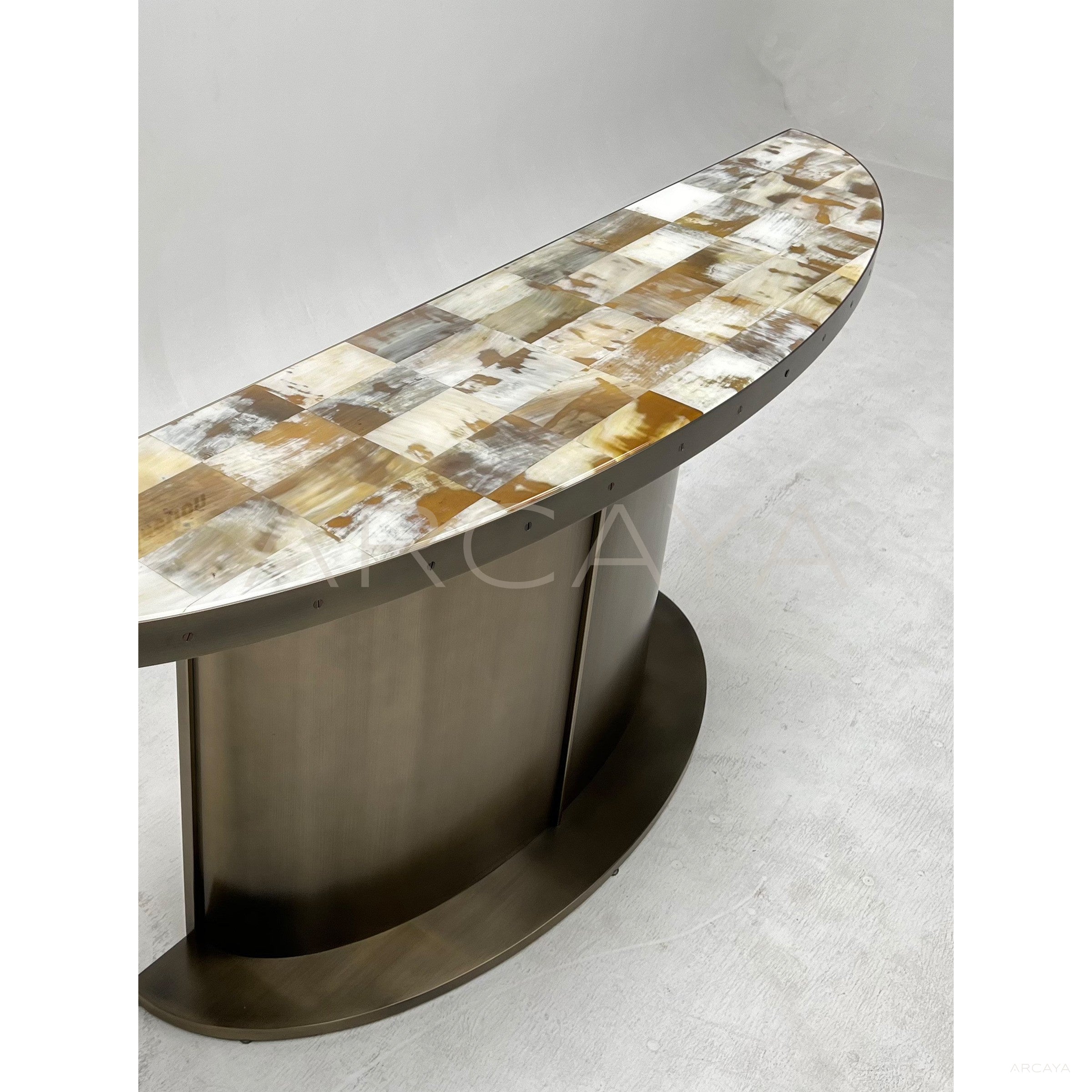 Ox Horn Marquetry Half Round Metal Console
