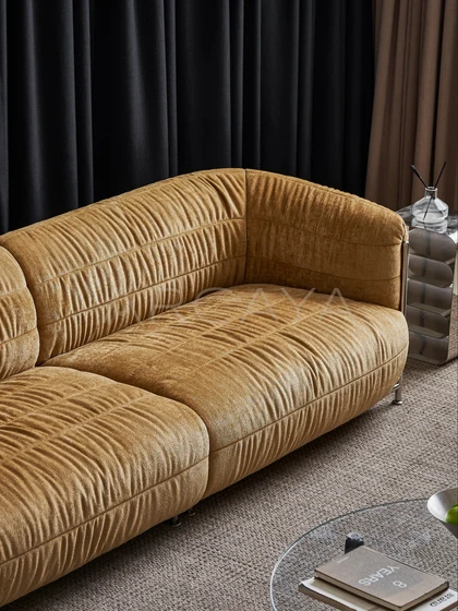 Willow Haven Sofa - close-up of the seat cushions, rounded arm and gathered back upholstery