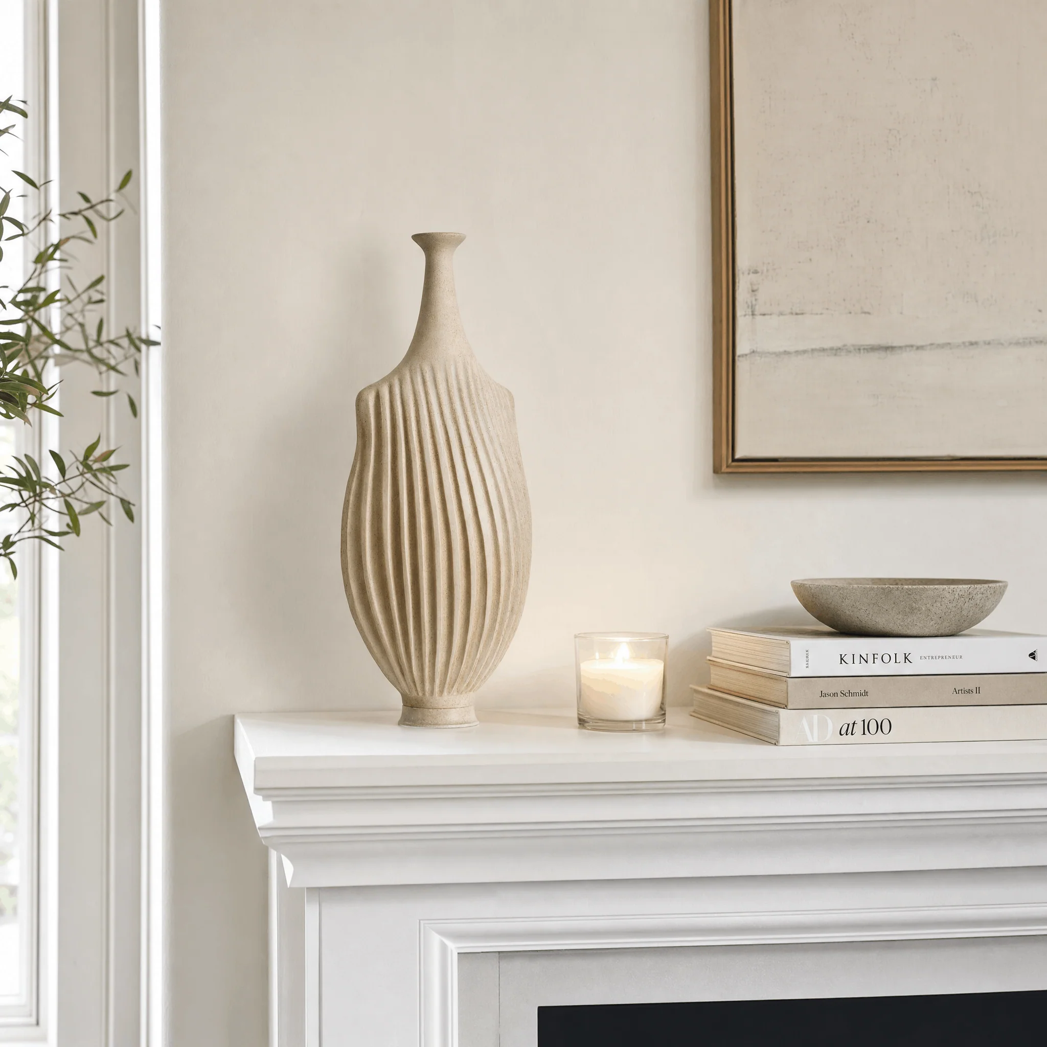 Beige Fluted Ceramic Vase in a finished interior.