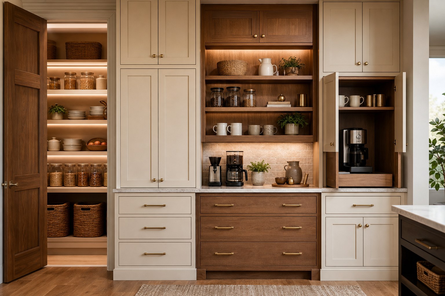 Finished American pantry and coffee bar cabinet wall with warm wood and cream cabinetry