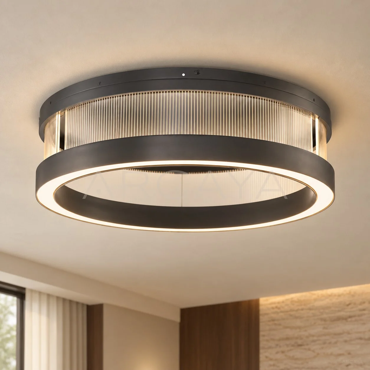 Black Frame Ribbed Glass Ring Ceiling Light 97077 - main