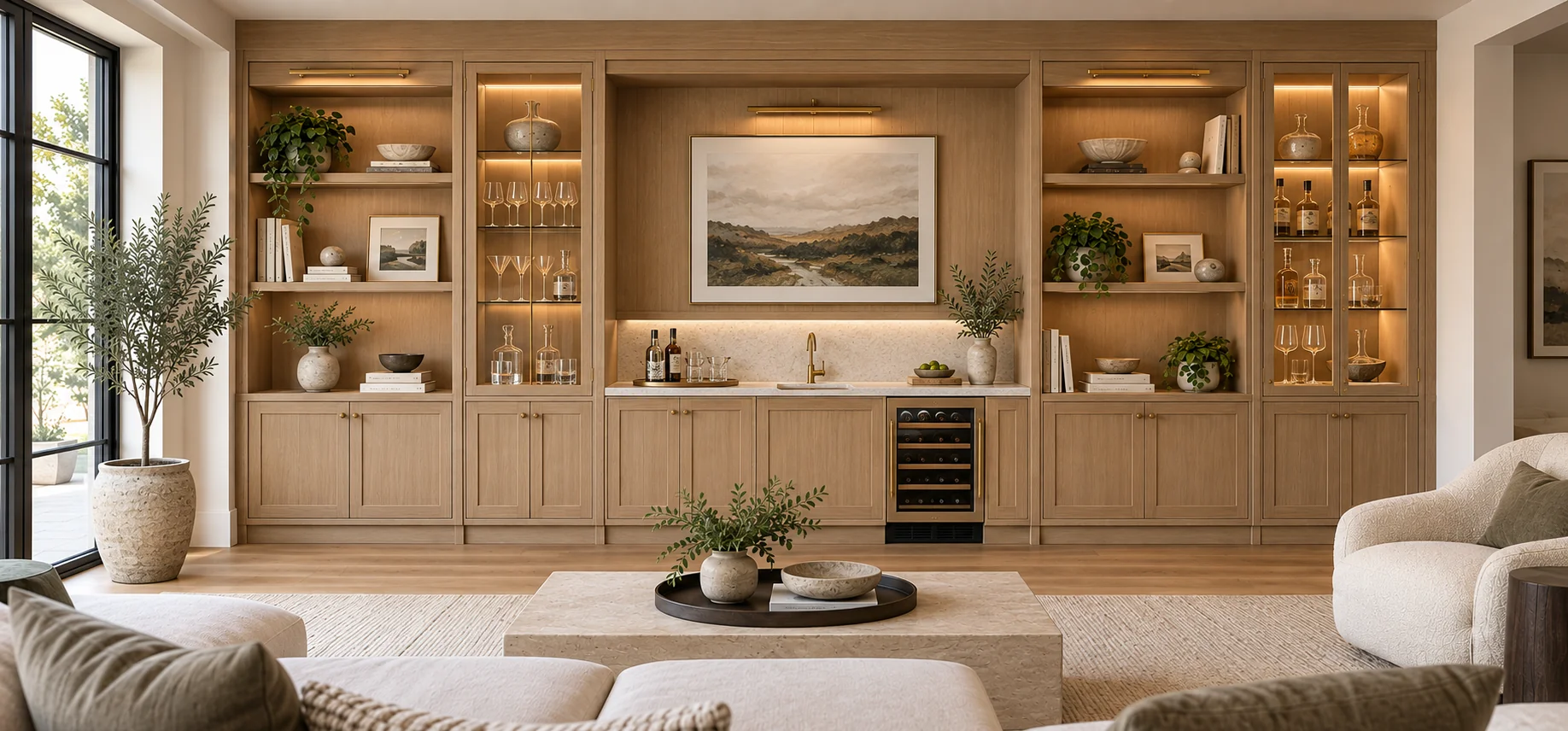 Custom living room display and bar cabinetry