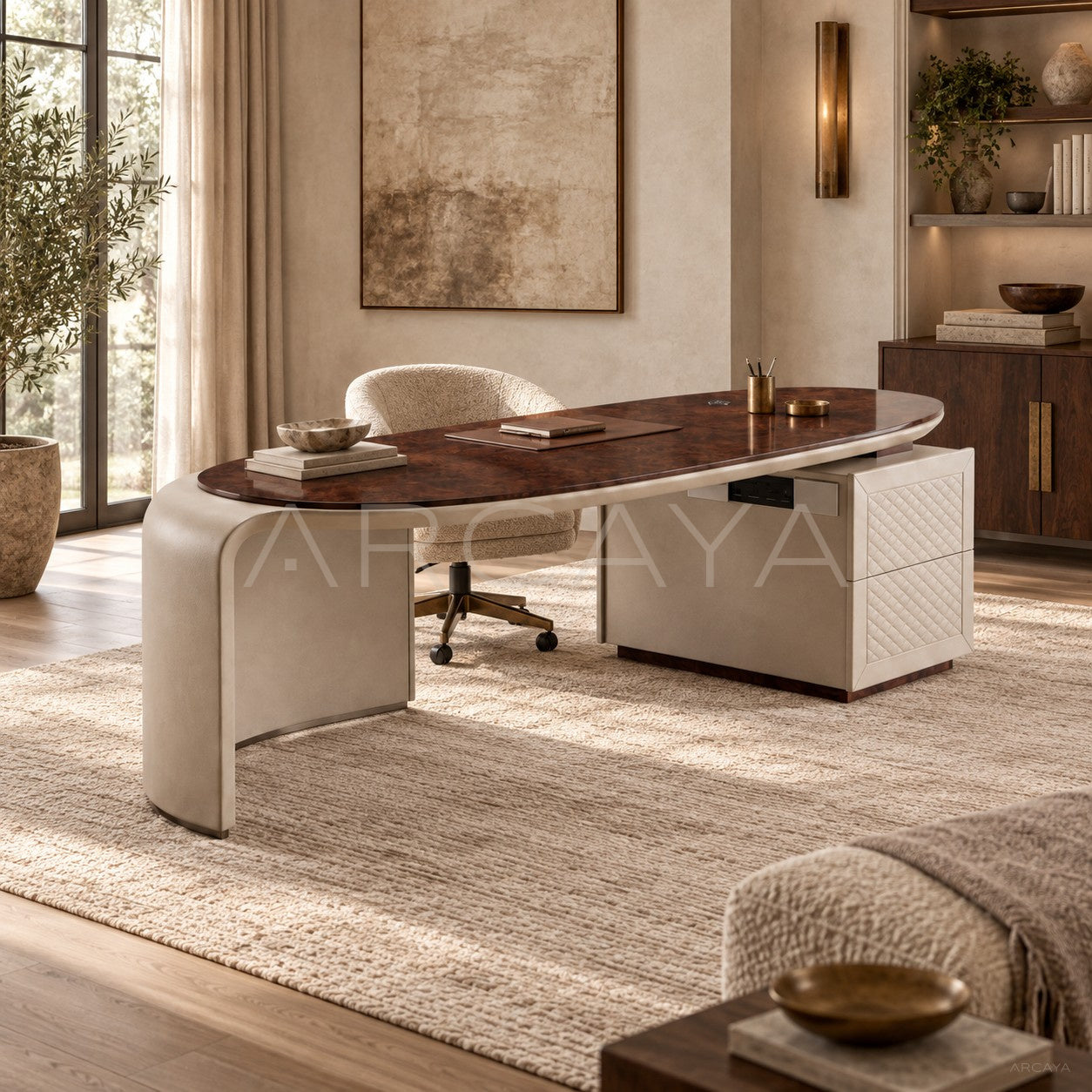 Curved Leather Multifunctional Executive Desk - scene