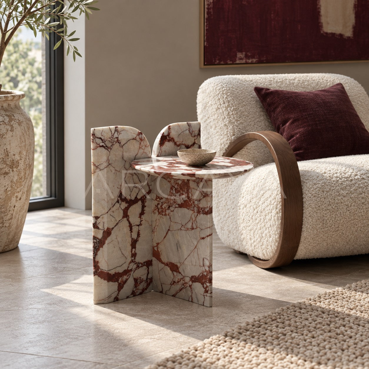 Red Veined Marble Geometric Side Table