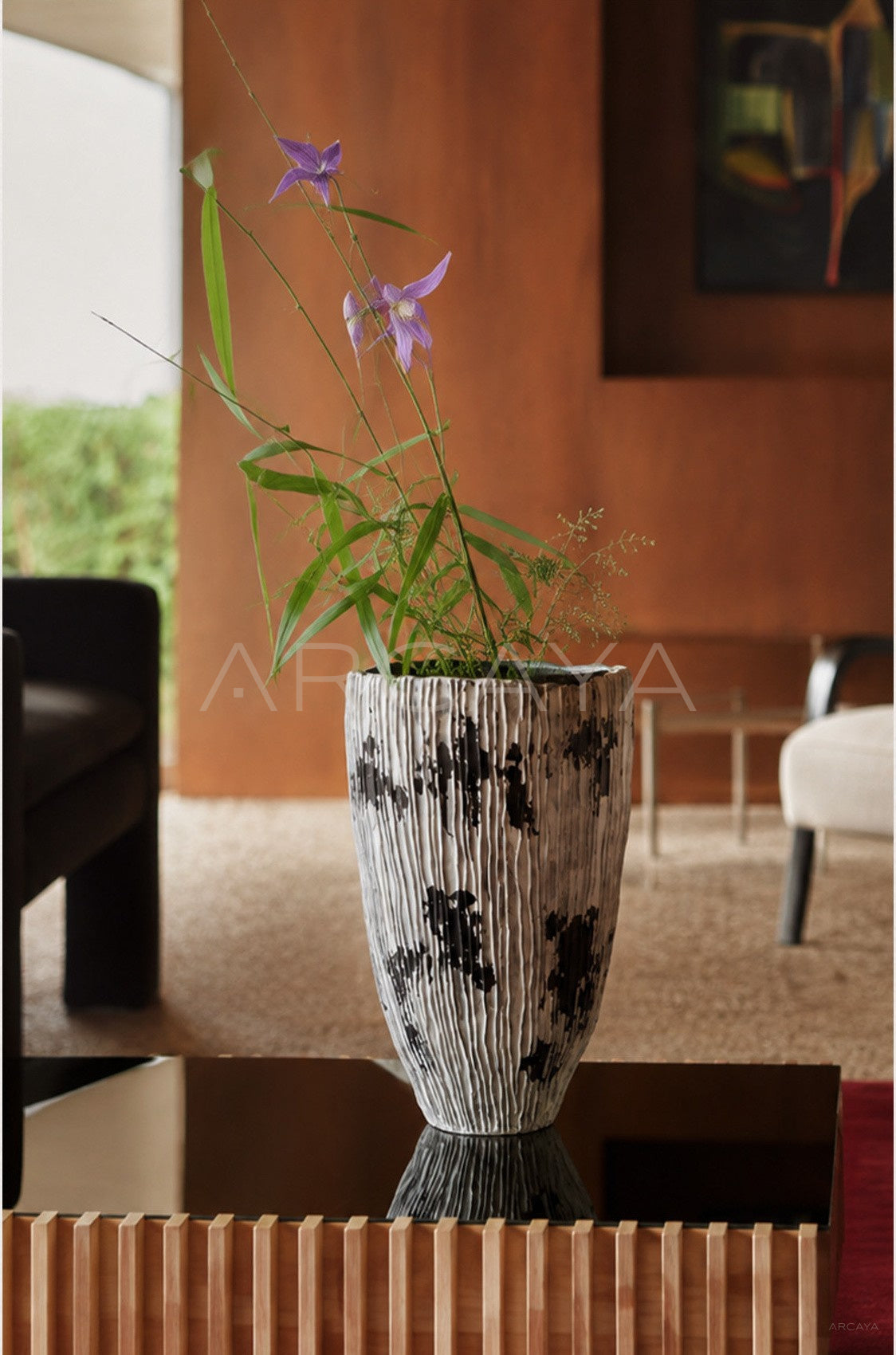Wabi Sabi Hand Painted Ribbed Ceramic Vase - scene