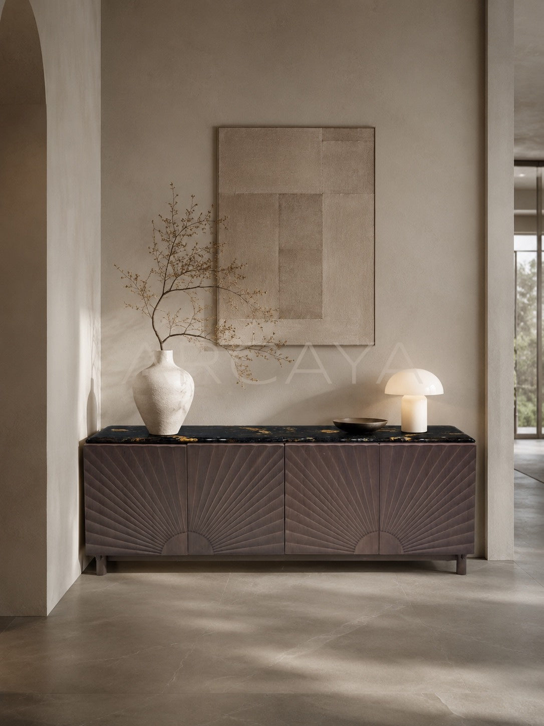 Daze Cosmic Gold Stone Walnut Console Cabinet - scene