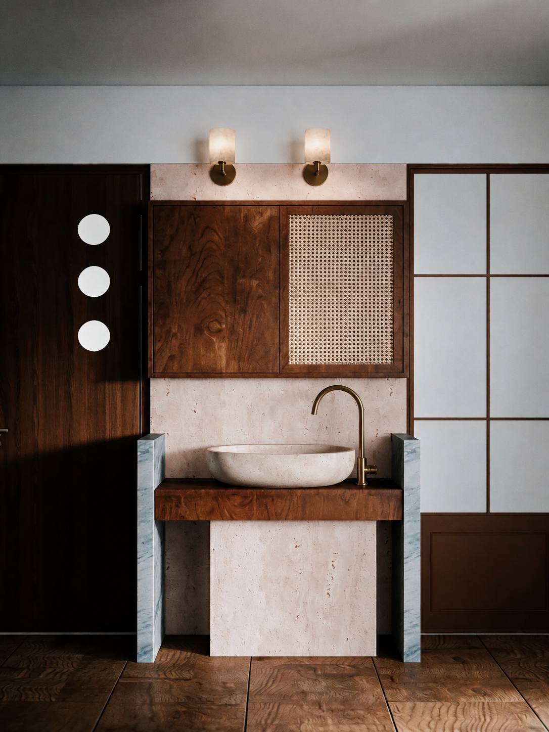 Bathroom sink detail with brass fixtures