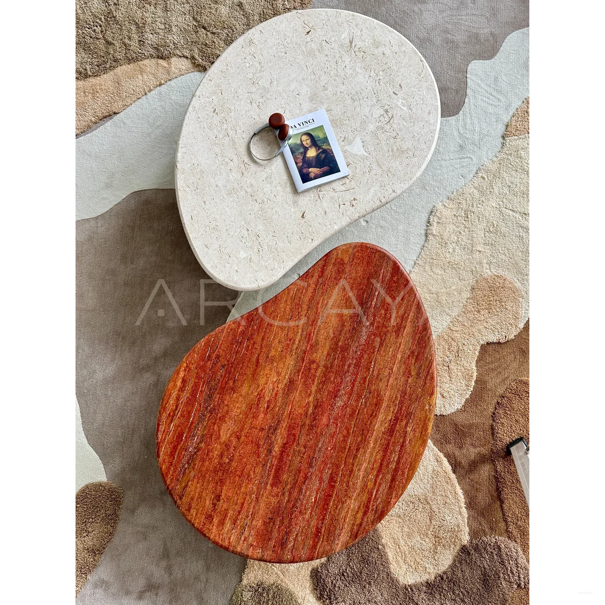 Walnut Travertine Curve Coffee Table