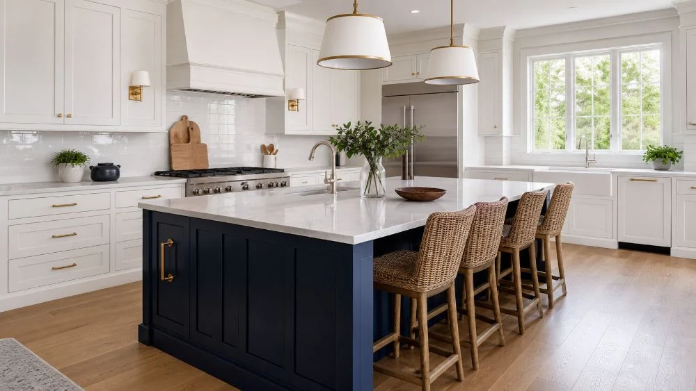 Custom navy kitchen island with white cabinetry