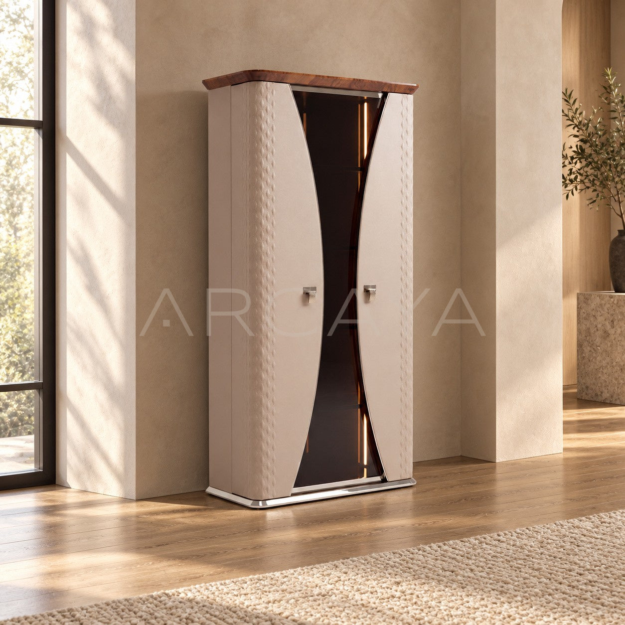 Italian Leather Curved Glass Display Cabinet
