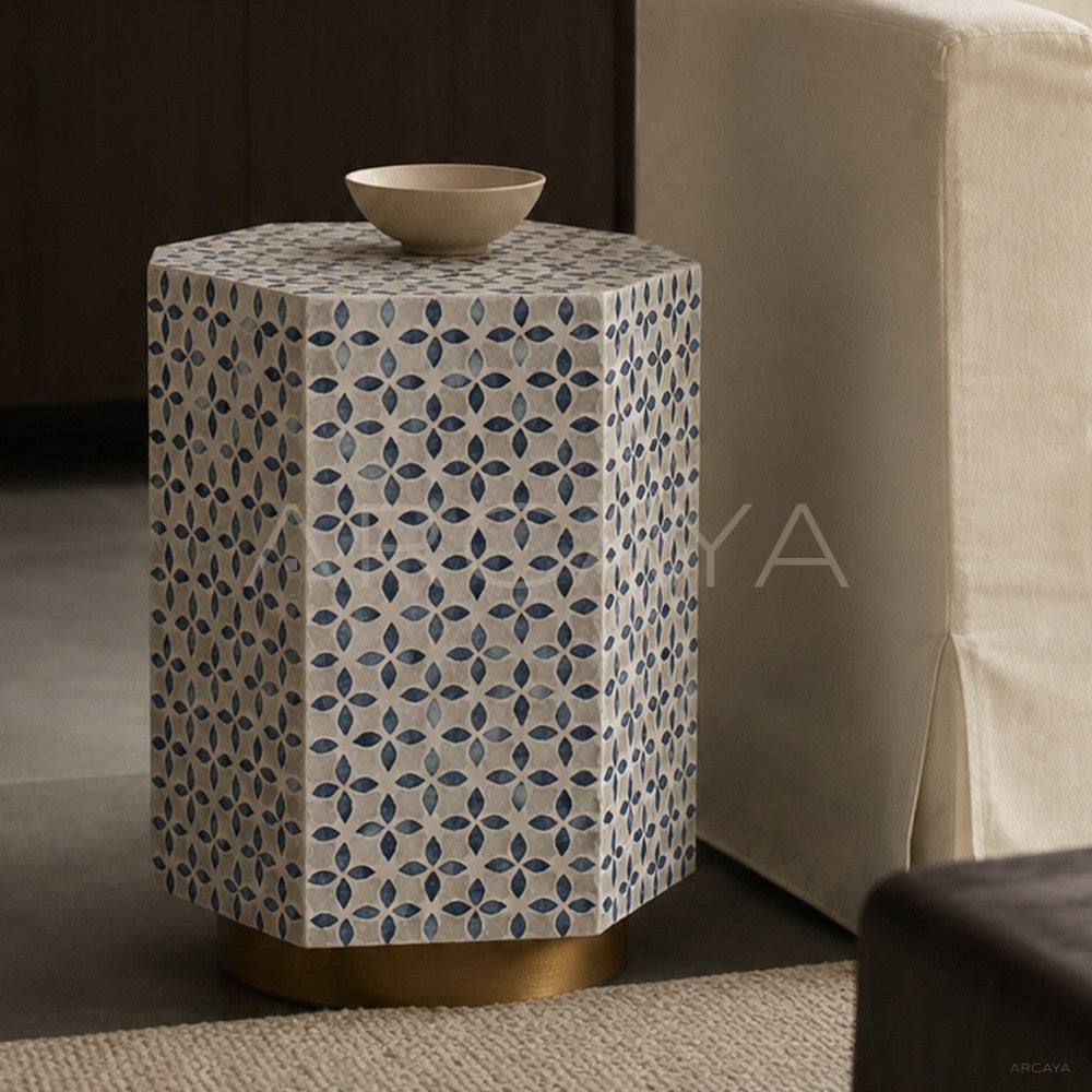 Natural Shell Inlay Hexagonal Side Table