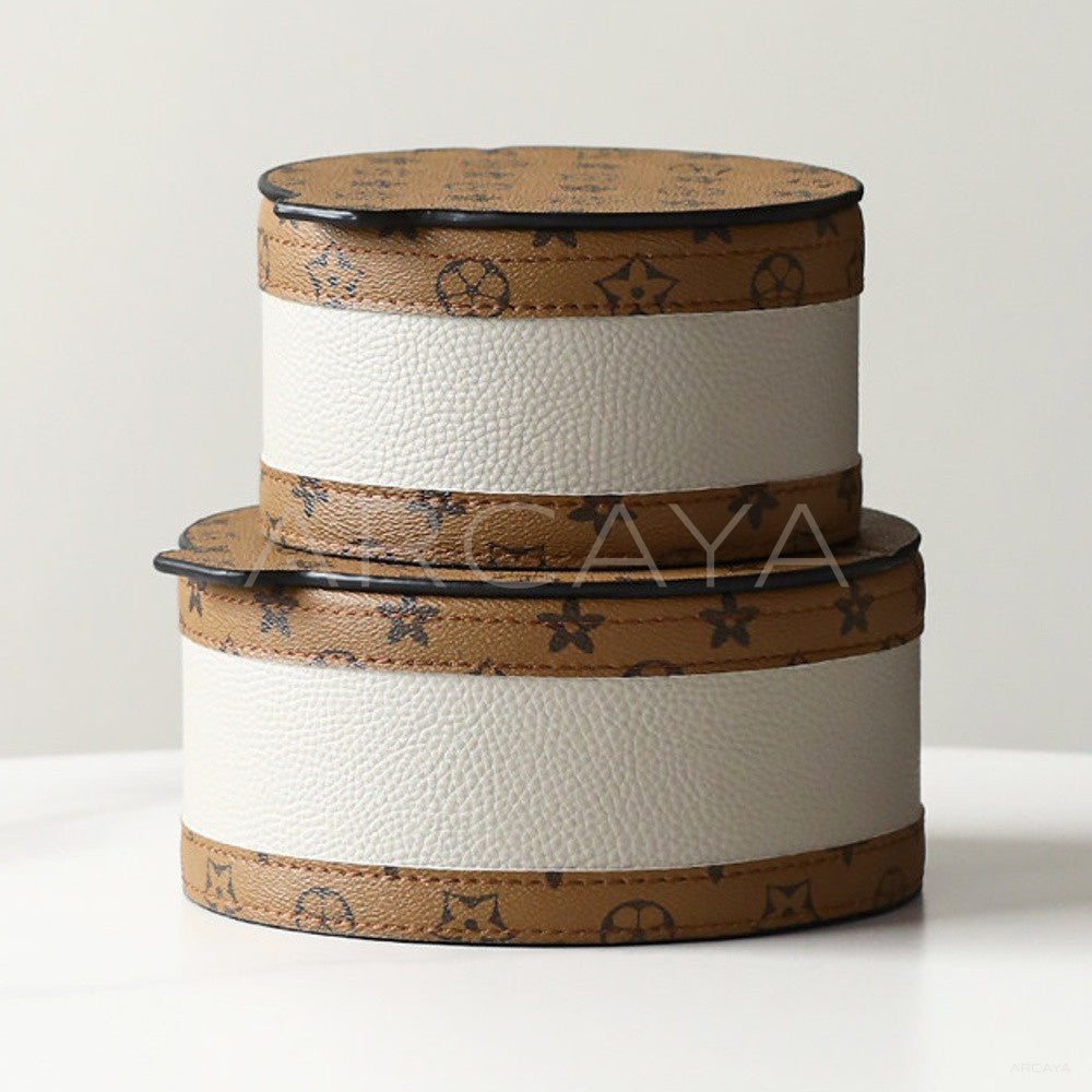 Vintage Two Tone Leather Round Storage Box - main