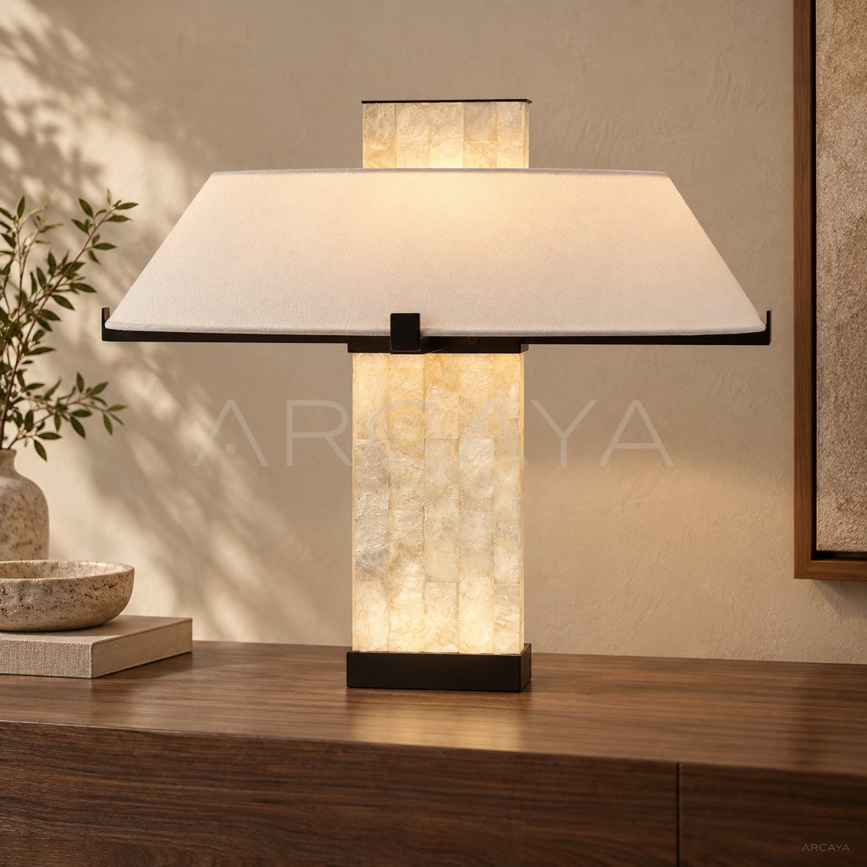 Square Stone Column Fabric Shade Table Lamp 95340