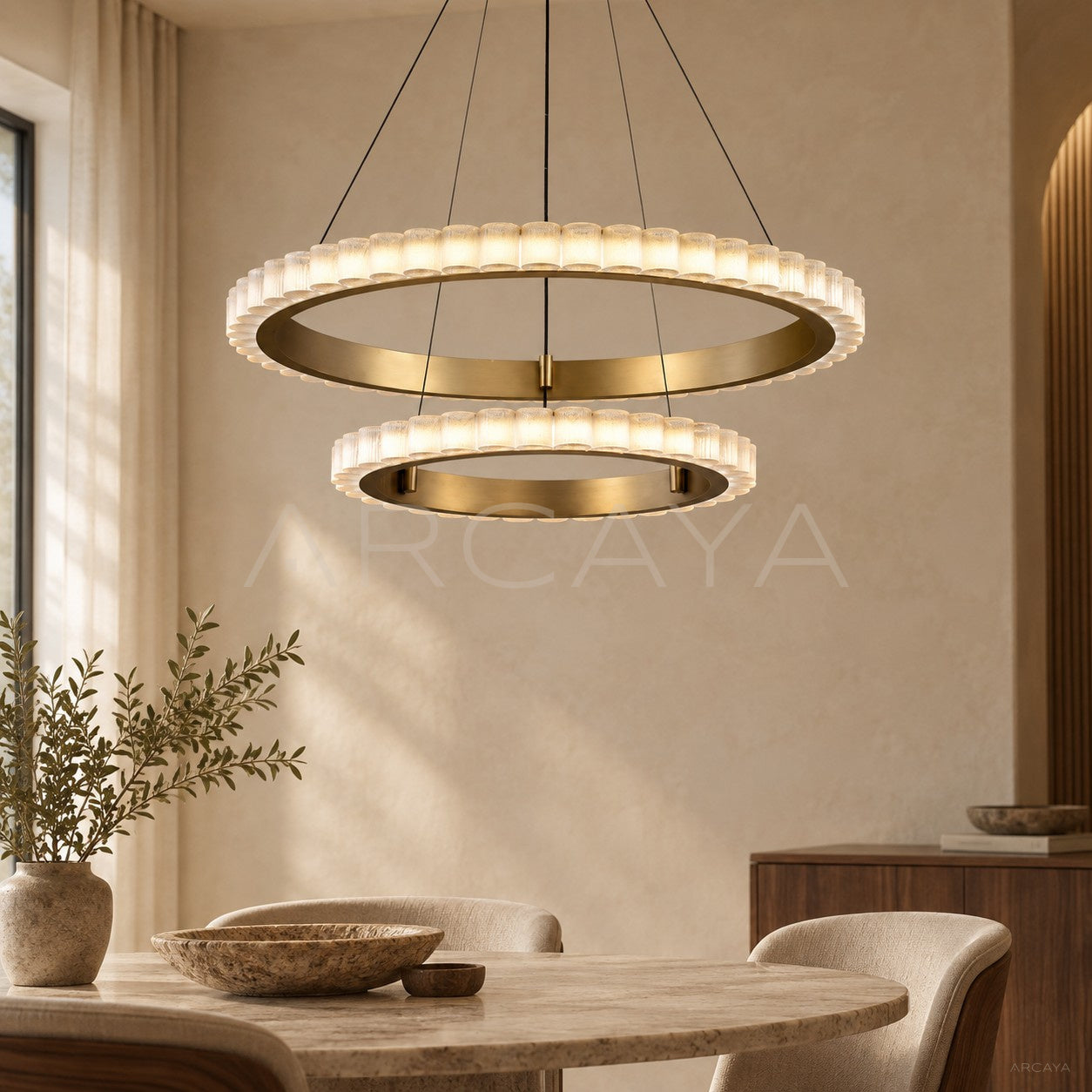 Gold Crystal Tube Double Ring Pendant Light 80610