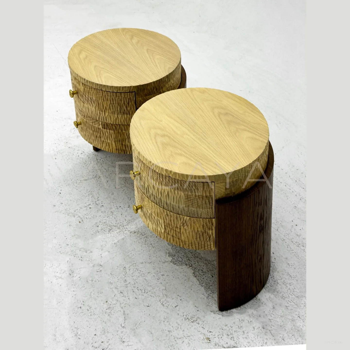 Round Two Tone Wood Nightstand in detail