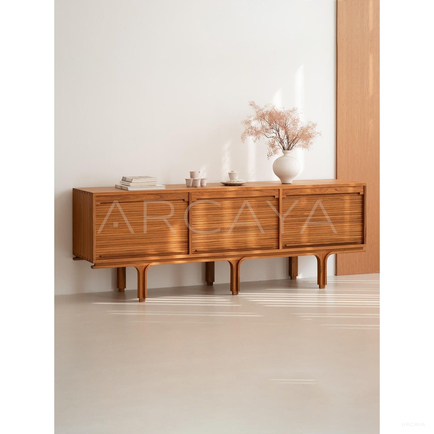 Burmese Teak Mid Century Tambour Cabinet