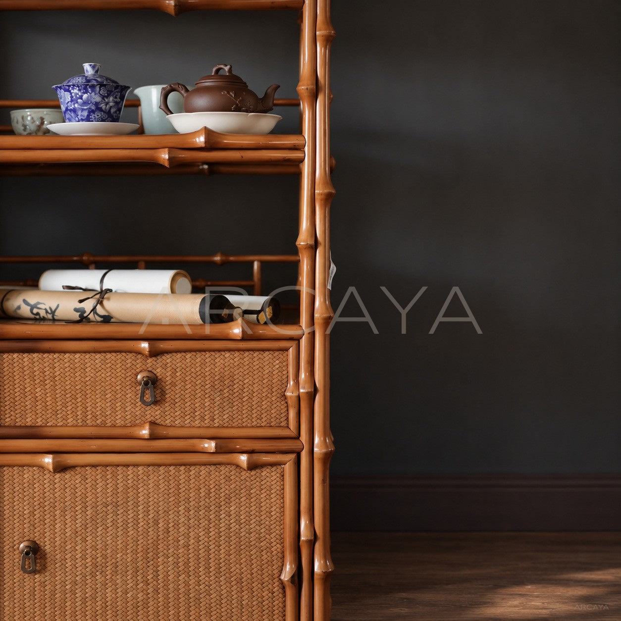 Double Door Bamboo Woven Bookshelf Cabinet