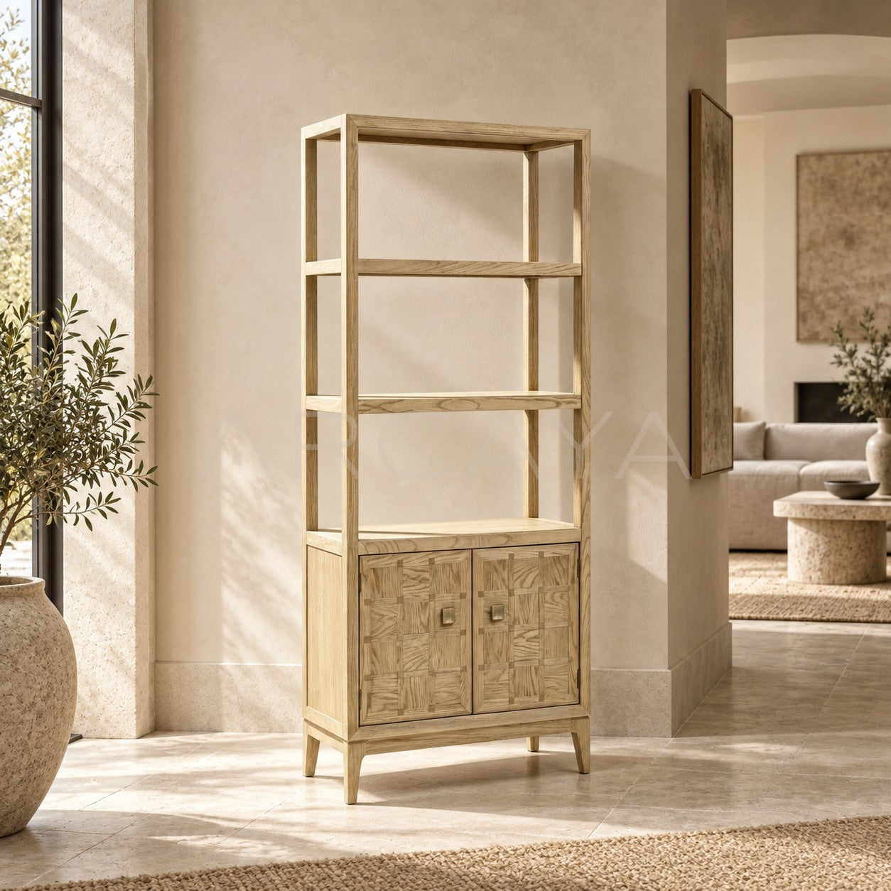 Oak Checkerboard Marquetry Open Tall Cabinet