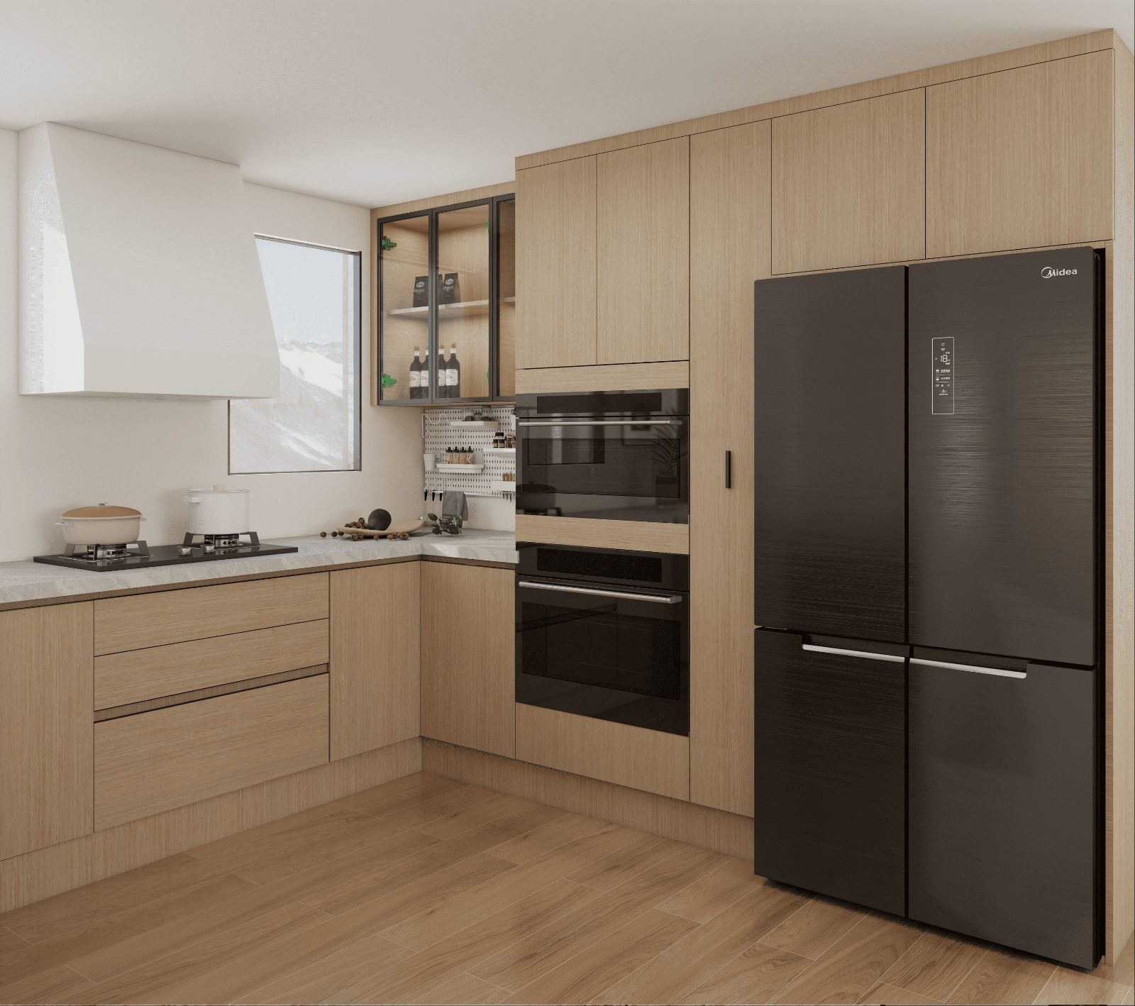 Render of the cooking wall with oak tall cabinets, built-in oven stack and black refrigerator