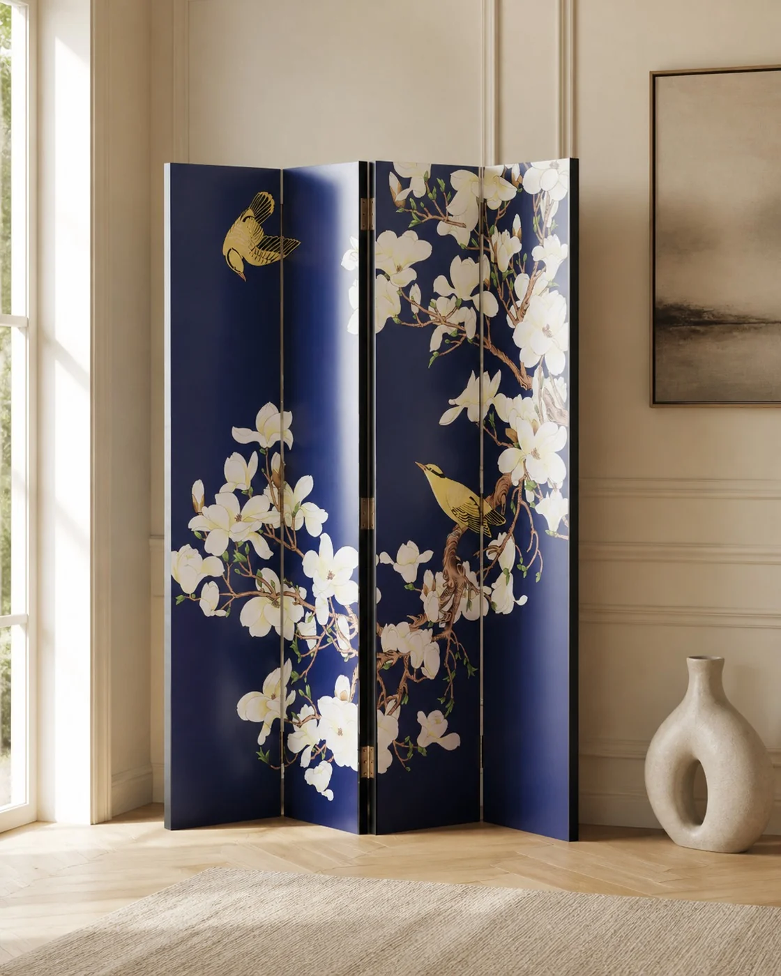 Mulan Painted Screen in a finished interior.