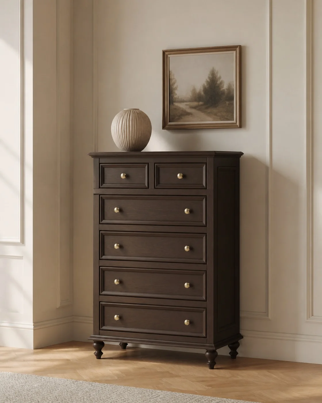 Grace Six-Drawer Chest in a finished interior.