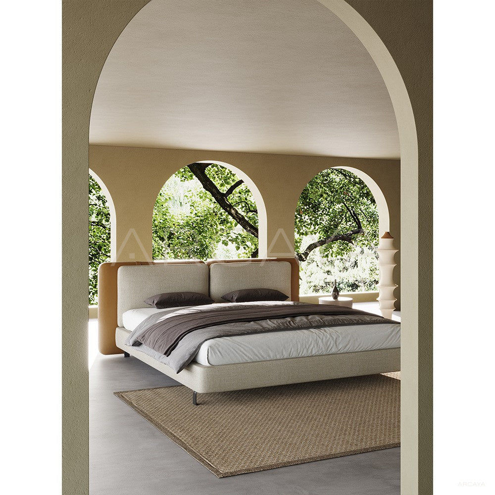 Saddle Leather Linen Wide Headboard Bed - scene