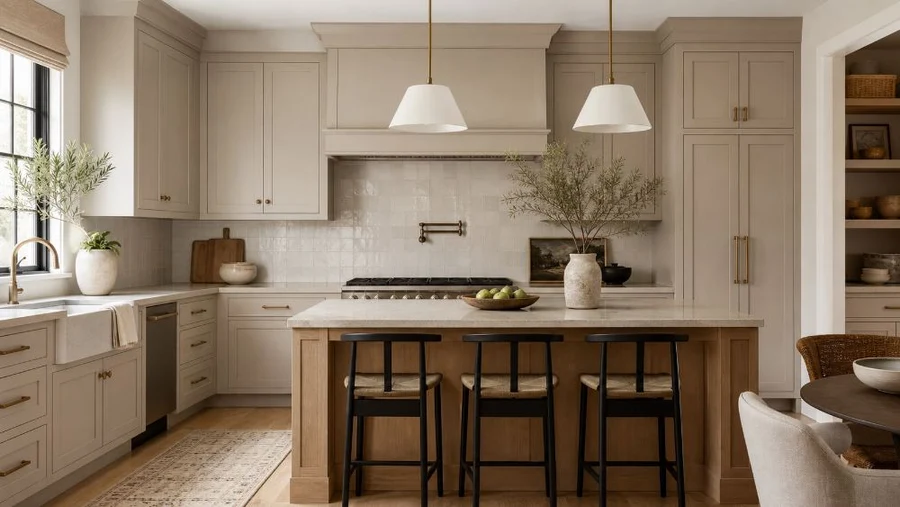 Mushroom beige neutral kitchen cabinets