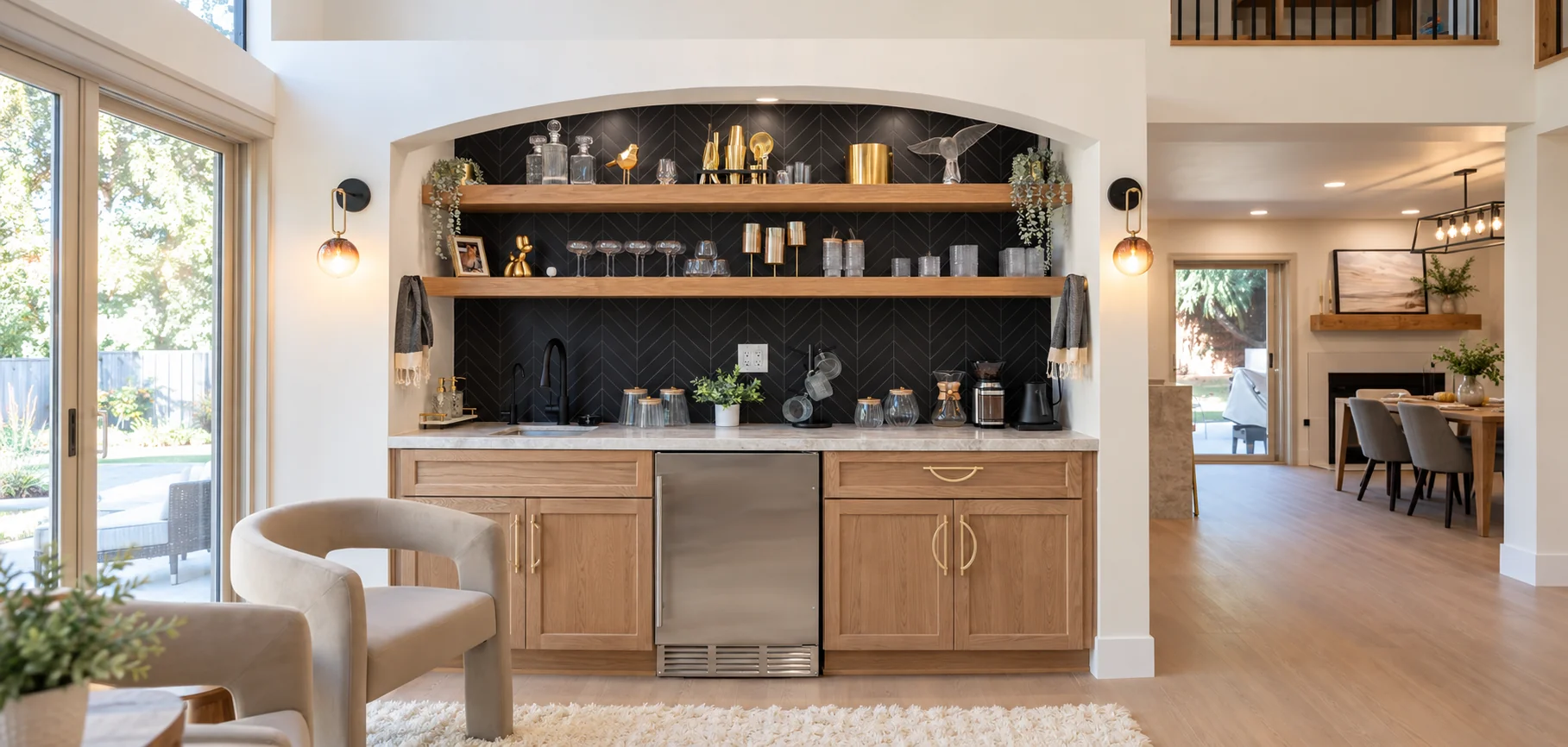 Custom living room built-ins with integrated media storage and display shelves
