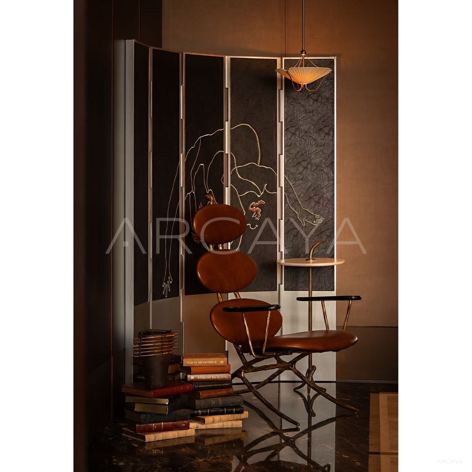 Leather Embroidered Folding Screen - scene