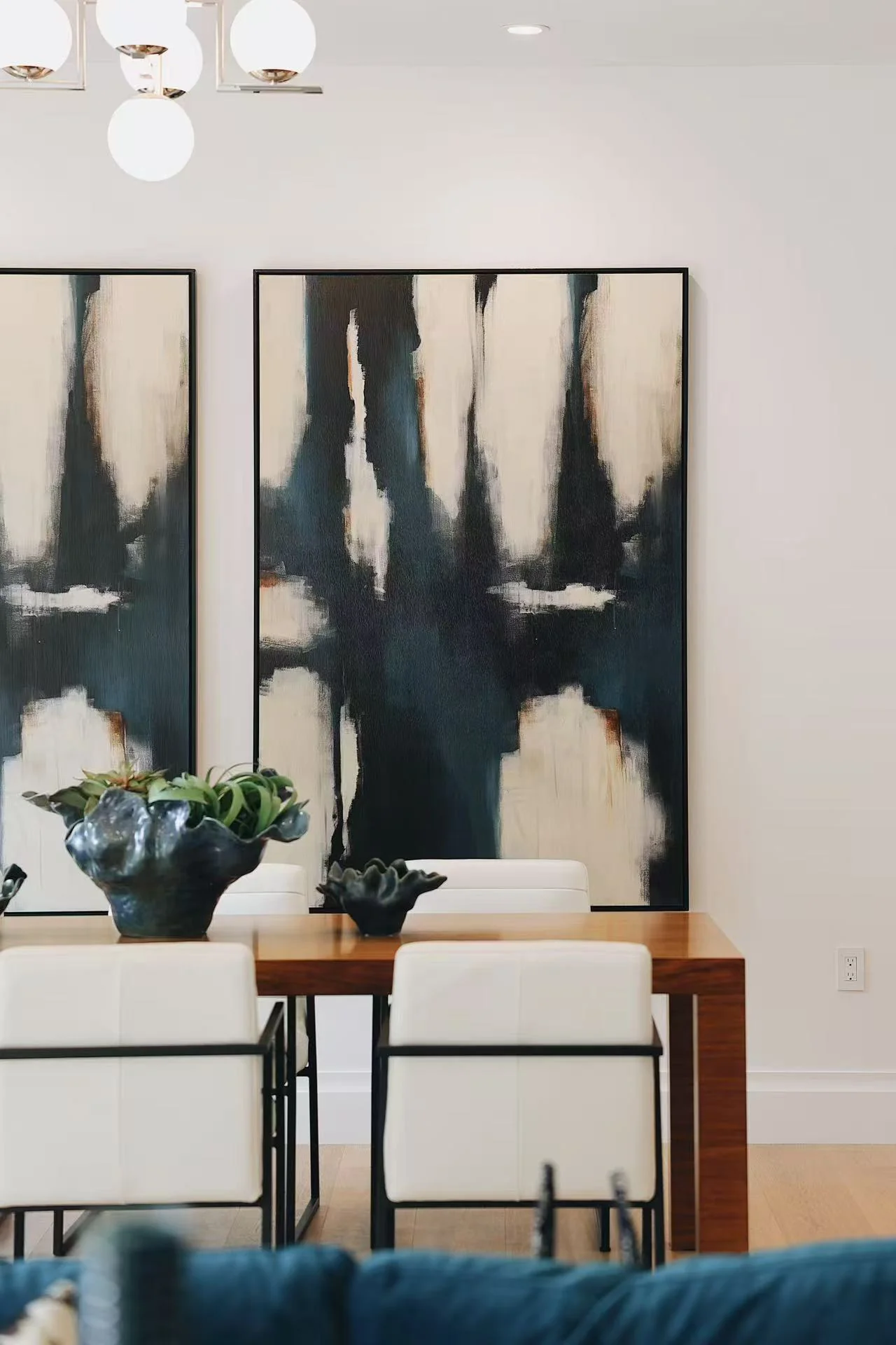 Art and console vignette viewed from the living area