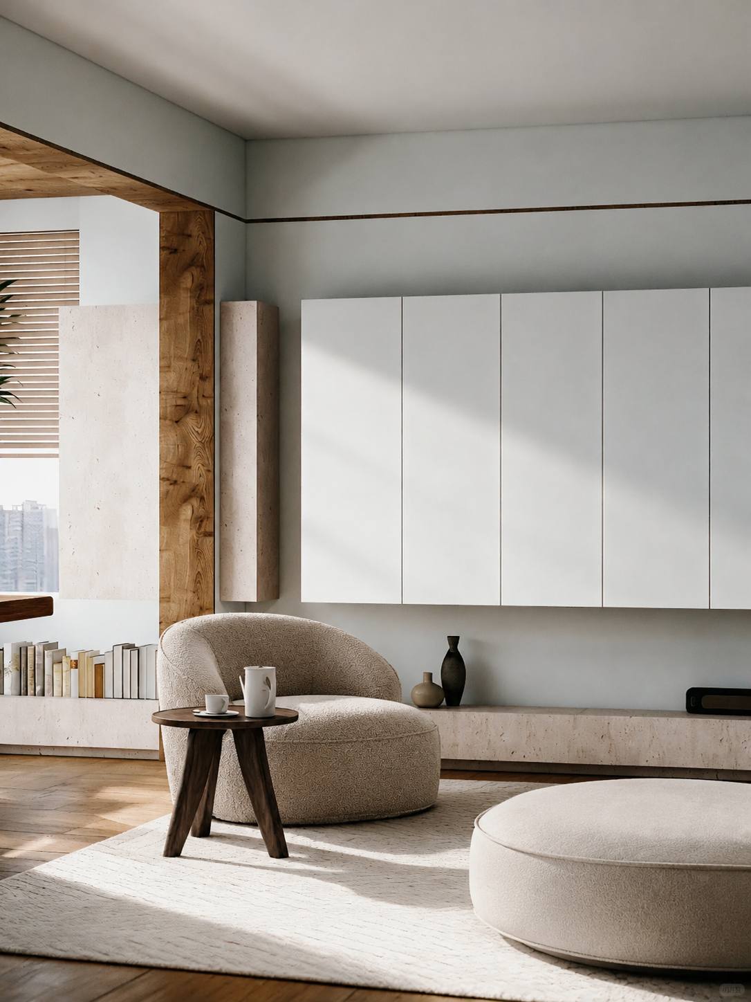 Living room detail with boucle chair
