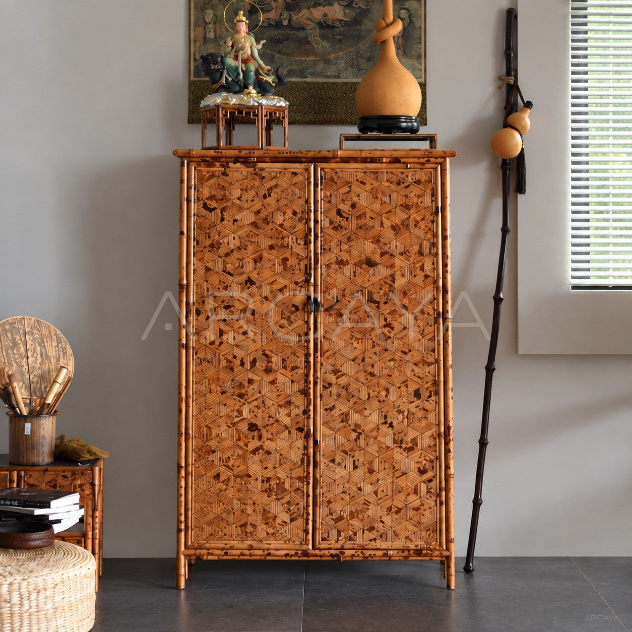 Marquetry Double Door Tall Cabinet