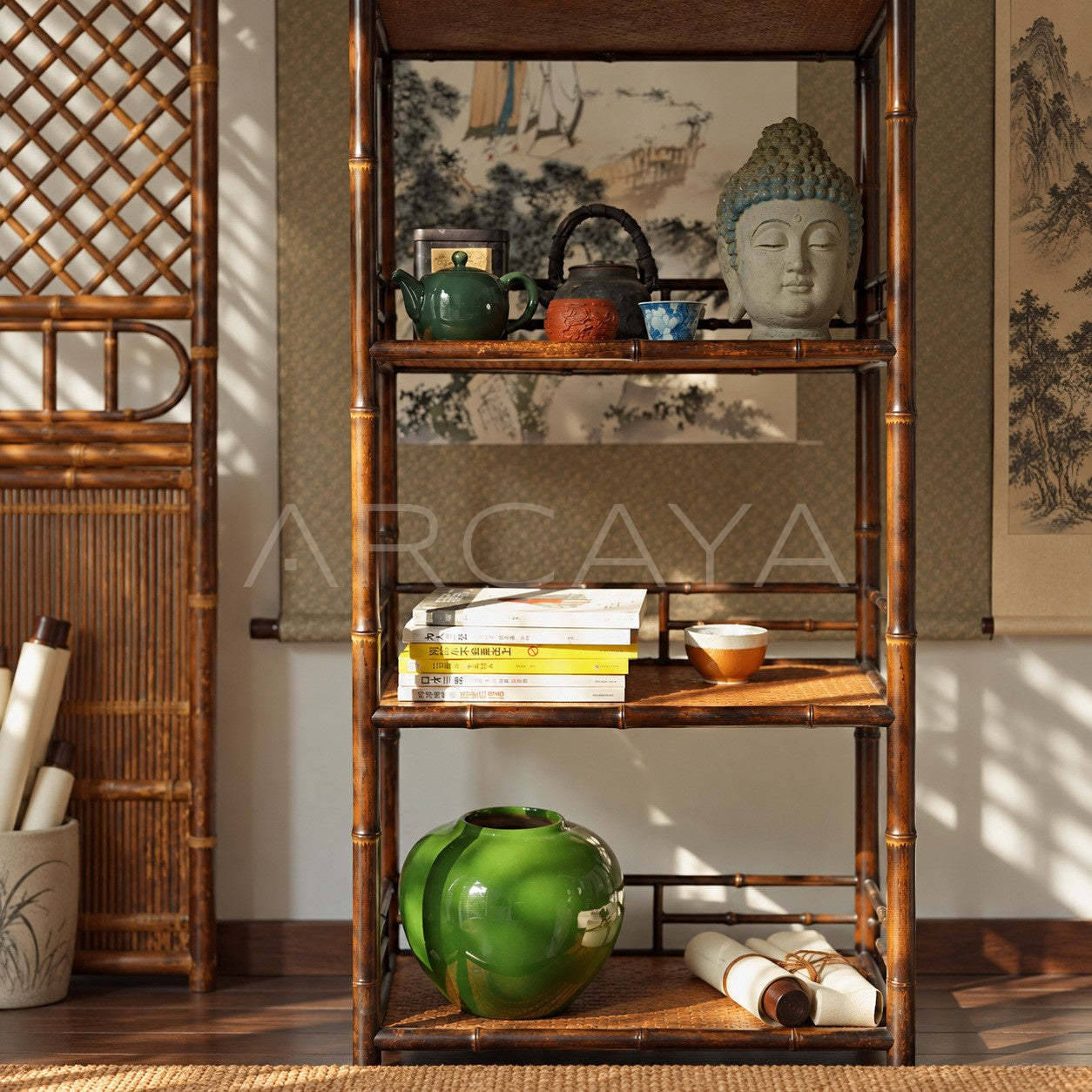 Narrow Bamboo Woven Bookshelf Cabinet