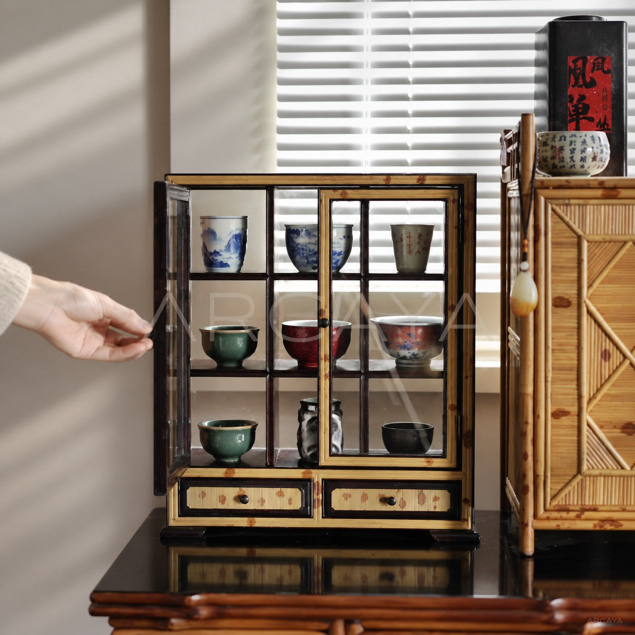 Glass Double Door Teacup Display Cabinet