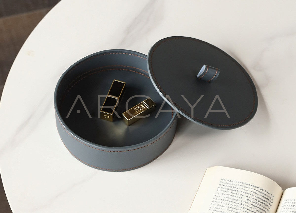 Dark Grey Leather Lidded Storage Jar - scene