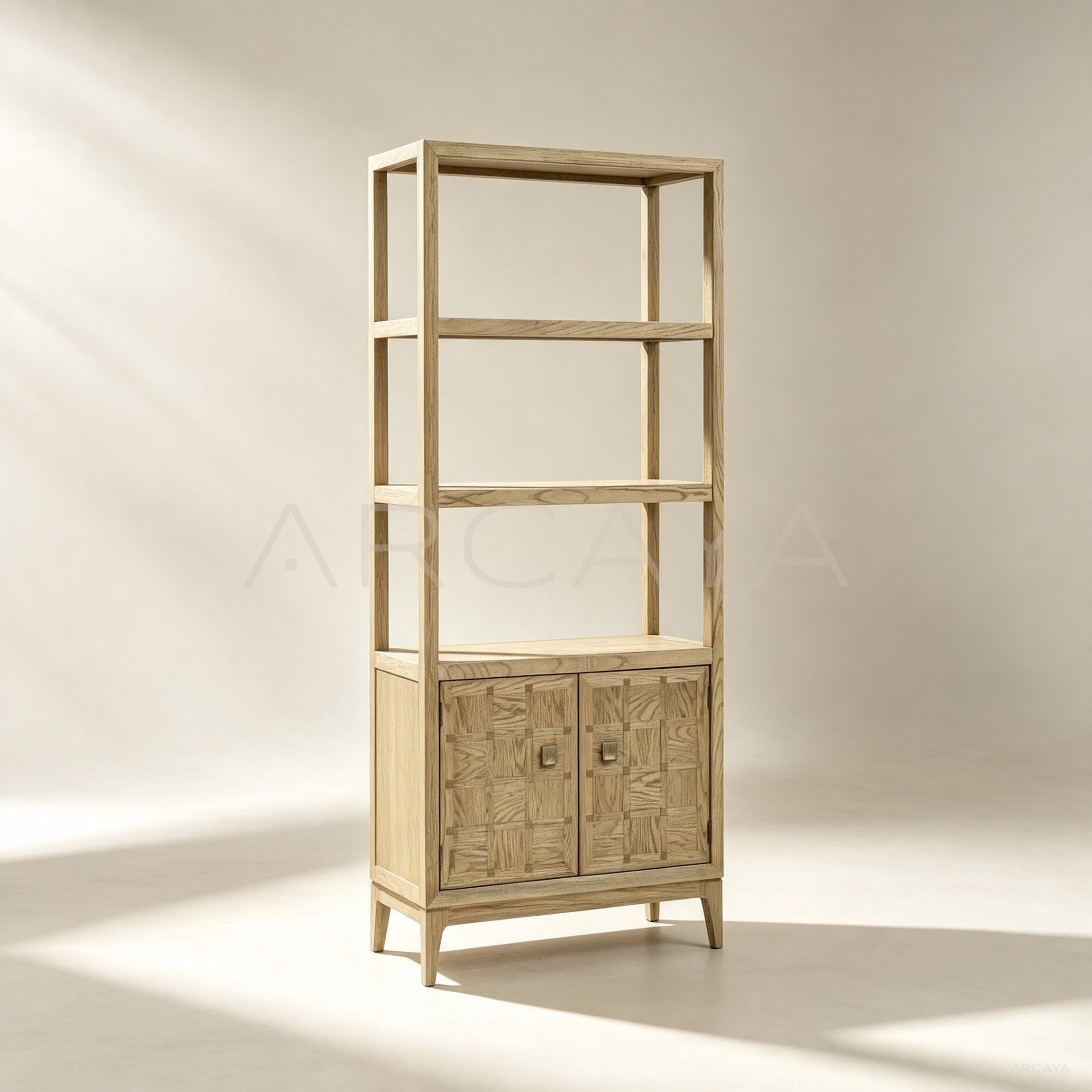 Oak Checkerboard Marquetry Open Tall Cabinet