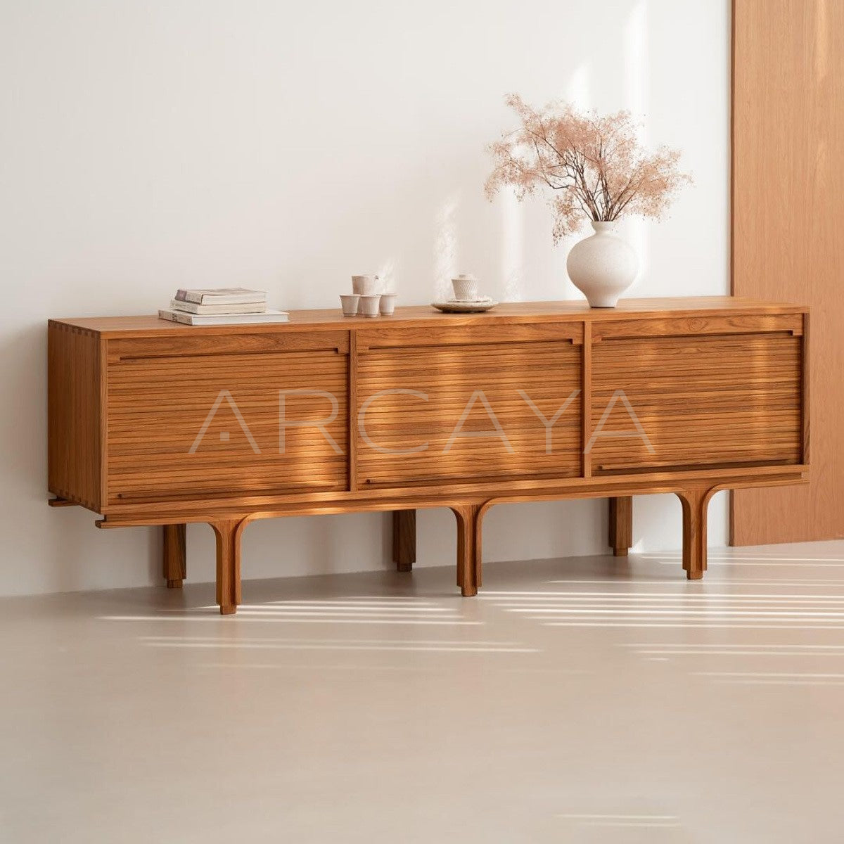 Burmese Teak Mid Century Tambour Cabinet